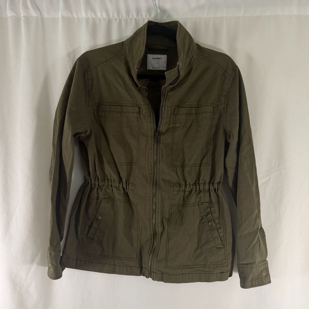 Old Navy Military Jacket Women's Small Green Full Zip Snap Pockets Cotton Blend